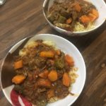 Amazing stew with sweet potato, okra (saved from summer) and goat on a bed of couscous