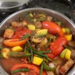 Stewed tomatoes with okra, squash, eggplant, long beans and onions
