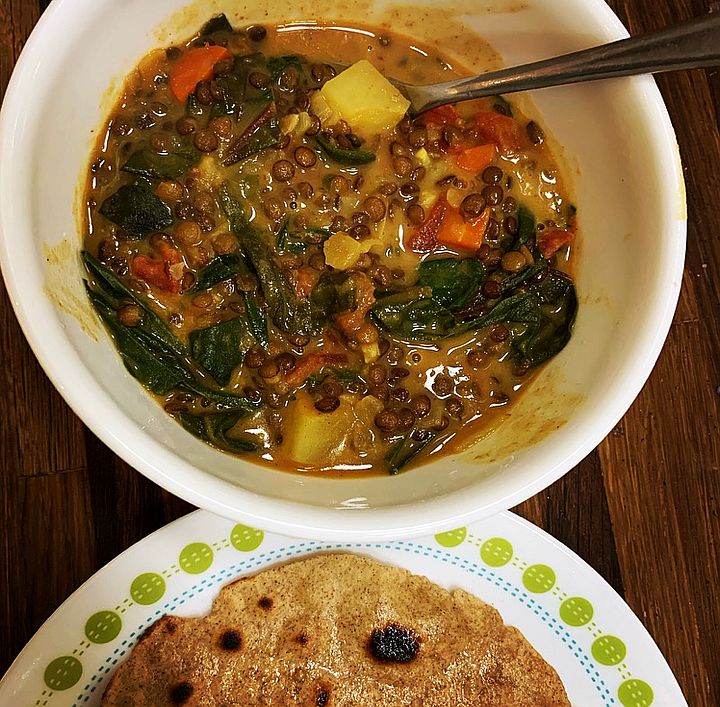 Lentil Curry with Beet Greens and Potatoes