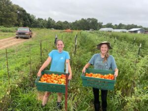 Melea (L) and Skylar (R) showing the paste tomatoes they just harvested