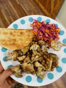 Fall farm meal, roasted cauliflower and chickpeas with a carrot and diakon salad