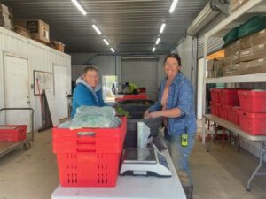 Josephine (R) and her mother Guin (L) bagging greens for the CSA