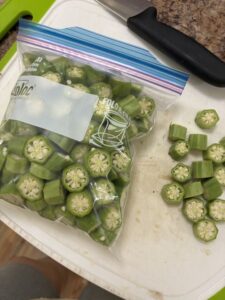 Okra chopped up, in the bag and ready for the freezer