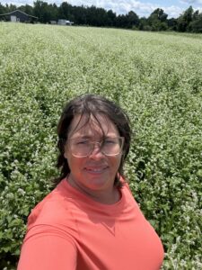 Josephine standing in our buckwheat cover crop.