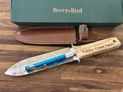 Berry & Bird garden knife with Tubby Creek Farm laser etched on the handle with sheath, sharpener and box