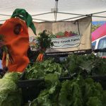 Patrick the six foot carrot selling veggies at the Cooper Young Market